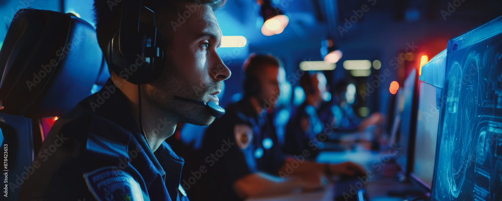 Aufkleber focused operator monitoring computer screens in a blue lit control room