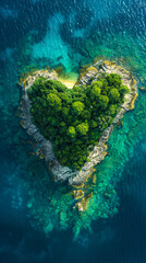 Aerial View of Heart-Shaped Tropical Island, Crystal Clear Water, Romantic Destination, Vacation Getaway, Nature Lover's Paradise, Idyllic Escape, Lush Greenery, Scenic Adventure