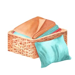 Naklejka premium Square wicker basket with Turquoise, orange and red blankets, towels in a stack and turquoise pillow. Hand-drawn watercolor illustration