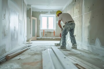 Construction Worker Using Power Tool In Unfinished Room