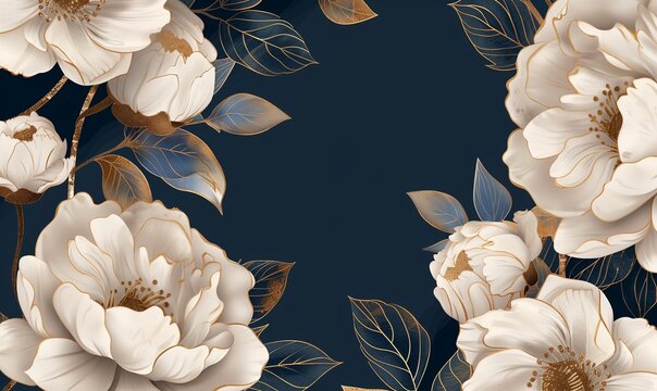Fiori bianchi e foglie blu dorate su sfondo scuro creano un'elegante e armoniosa composizione artistica.