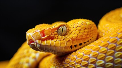 Obraz premium Close-Up of a Golden Yellow Snake with a Black Background