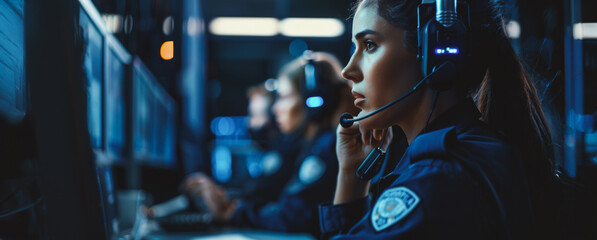 Fototapeta premium Female police officer working late night shift in a control room