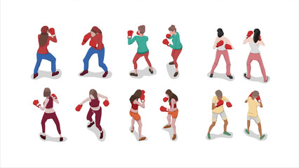isometric set of woman people practice boxing and punching pose activity