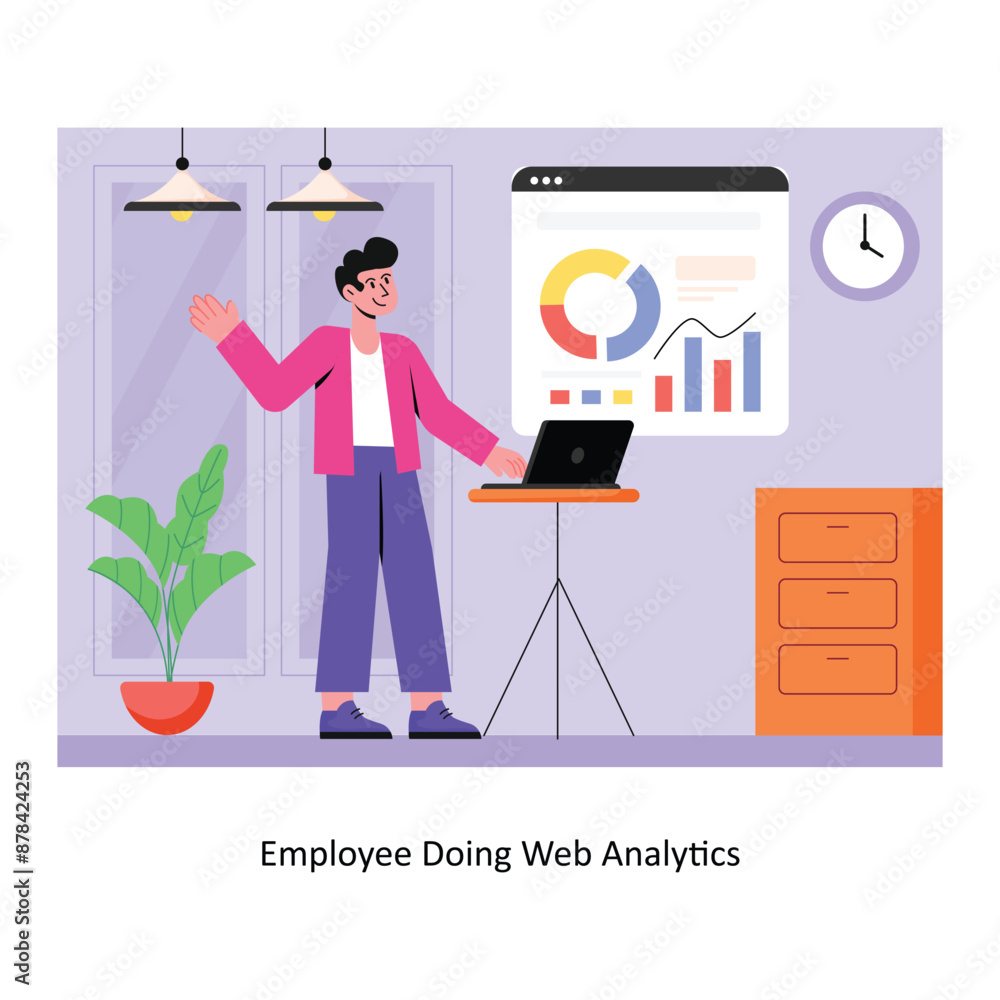 Poster employee doing web analytics concept flat style stock illustration with background. eps 10 file