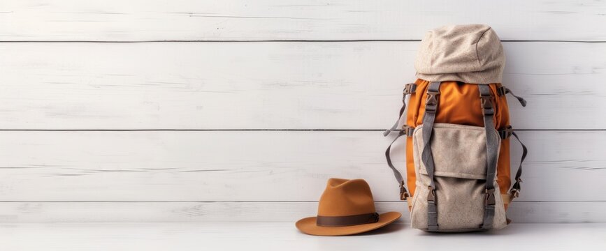 Camping gear on a picnic table, afternoon light, copy space on clear white background