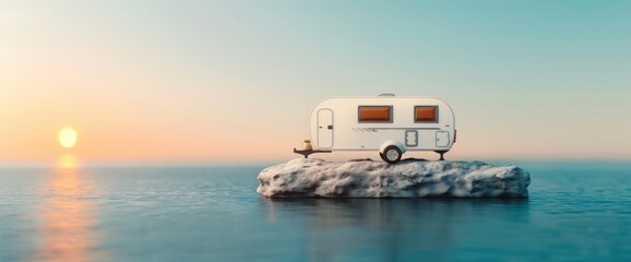 Camping trailer by lake, afternoon sun, copy space on clear white background