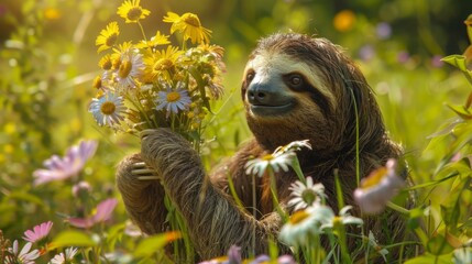 Obraz premium A sloth arranging a bouquet of wildflowers in a meadow