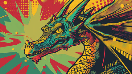 Pop art concept dragon. colorful background in pop art retro comic style.
