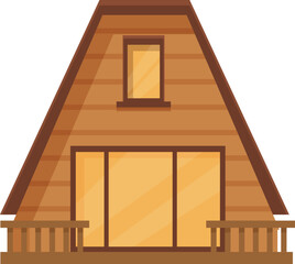 Modern a frame wooden cabin with large windows, a balcony and a triangular roof