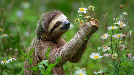 Fototapeta premium A sloth arranging a bouquet of wildflowers in a meadow