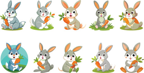 A rabbit with a carrot, Sets of rabbits, Rabbits and carrots.