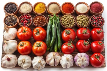 Colorful spices and fresh organic vegetables on a wooden table