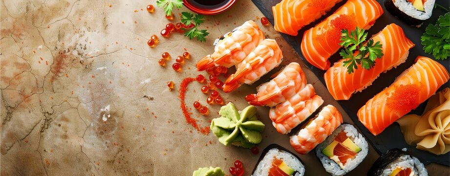 Kits-set sushi on plain background with room for text.