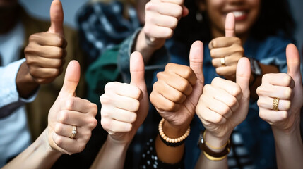 Close-up of diverse hands showing thumbs up in a gesture of approval and unity