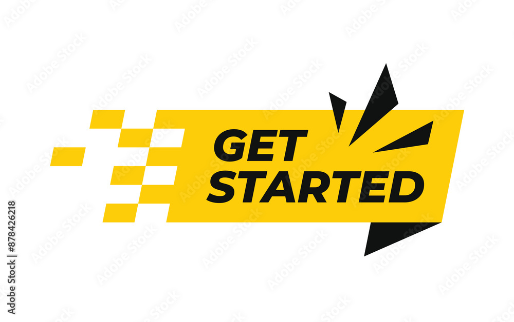 Poster get started text with abstract ribbon element. speech bubble with line hand pressing start button. v