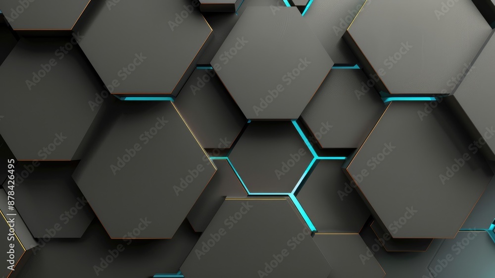 Poster abstract 3d hexagonal shapes with teal highlights. digital image of 3d hexagon or honeycomb shape wi