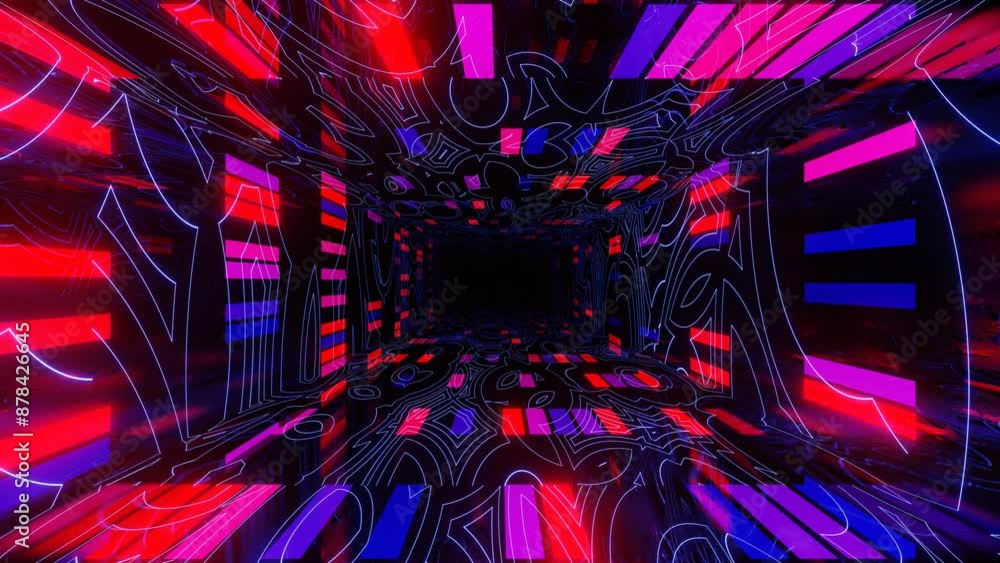 Poster futuristic hologram. 4k seamless looped animation. fly through mirror tunnel with neon pattern, glow
