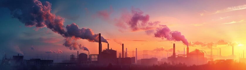 Obraz premium Silhouette of a factory with smokestacks against a vibrant sunset, Industrial silhouette, Dramatic contrast
