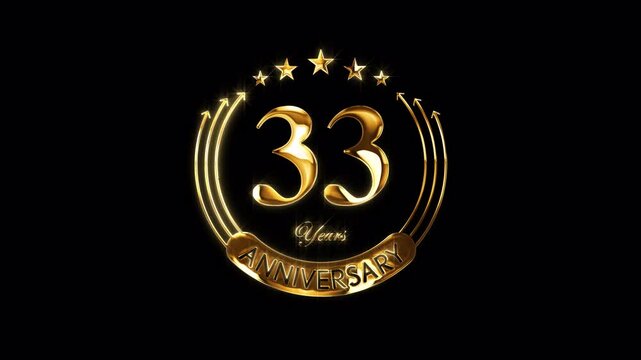 Happy 33rd Anniversary Celebration. Golden 33 Years Anniversary Animation in Gold Color on the Transparent Background, Alpha Channel. Great for greetings, celebrations, events, and gifts.