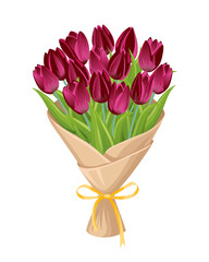 A bouquet of burgundy tulips in a paper wrapper with a ribbon. A charming gift with flowers for Valentine's Day, Mother's Day, or to show appreciation. Design element for greeting card, invitation.