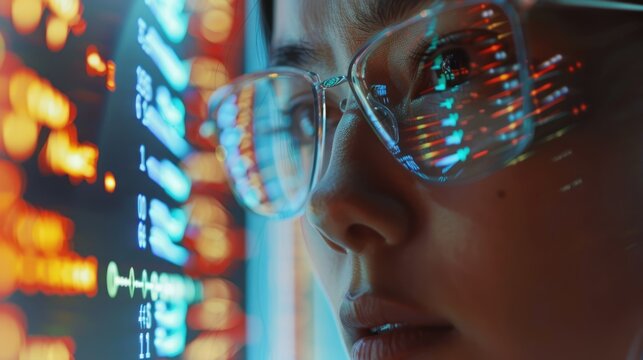 A close-up of a scientist analyzing data