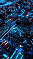 Obraz premium Complex cpu is processing data with electrical signals traveling across a futuristic motherboard. This image is perfect for technology and computing concepts