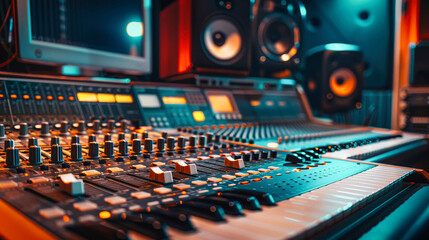 Audio mixing console in a recording studio