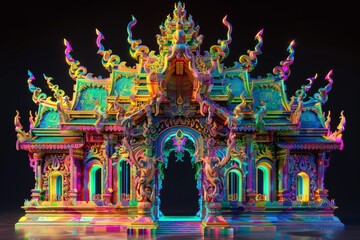 a colorful carved wooden buddhist art and architecture design in the black light and neon light art winning award on  black background