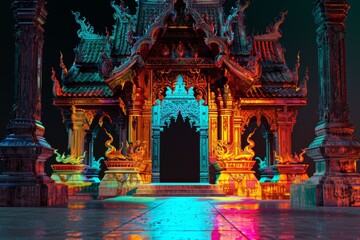 Obraz premium a colorful carved wooden buddhist art and architecture design in the black light and neon light art winning award on black background