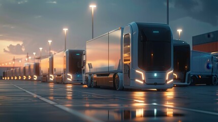 Future logistics automated freight yards, showcasing advanced robotics and AI in a modern logistics hub, emphasizing efficiency and technology. 