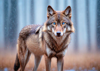 Fototapeta premium Wolf with Blue Eyes in the Snow.