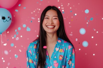 Portrait of a smiling Asian girl in a festive blue pajamas against a pink background with playful confetti