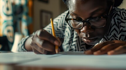 A close-up of a teacher grading papers