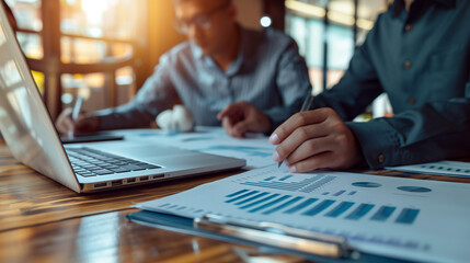 Two individuals working on laptops at table with papers