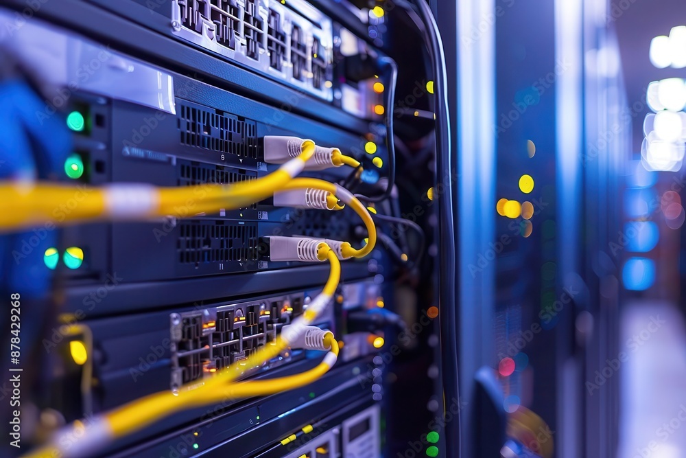 Poster server racks in data center with fiber optic cables and network switches panoramic it background