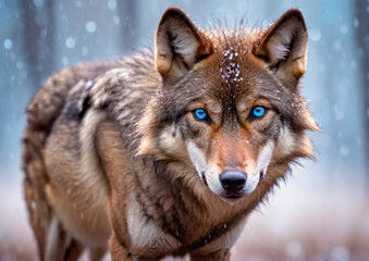 Wolf With Blue Eyes In The Snow.