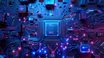 Fototapeta premium Close-up view of glowing circuitry on a motherboard with a central processing unit, showcasing modern computing power and complexity