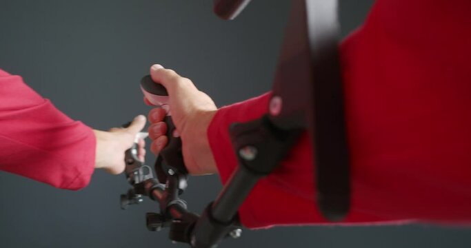 POV. Reloading Virtual Reality gunstock, rifle simulator in shooter game.