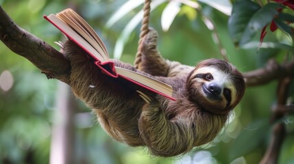 A sloth engrossed in a book while hanging upside down from a branch