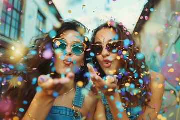 Two young women blowing confetti in the wind, wearing denim overalls and sunglasses, posing on an industrial street with colorful smoke rising from their hands