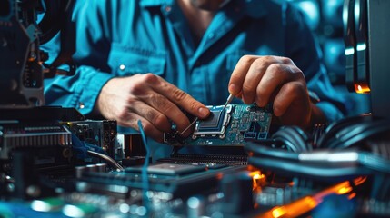 A close-up of a technician repairing a computer