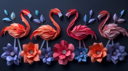 Four paper craft flamingos are standing among colorful flowers and leaves. This colorful paper craft is set on a dark blue background