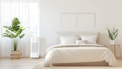 Minimalist bedroom interior with white bed, plant, and air purifier.