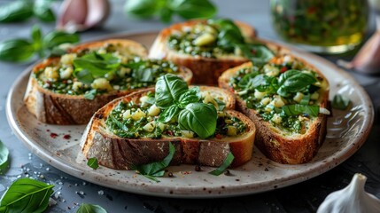 Rustic Basil and Garlic Toasts Close-Up