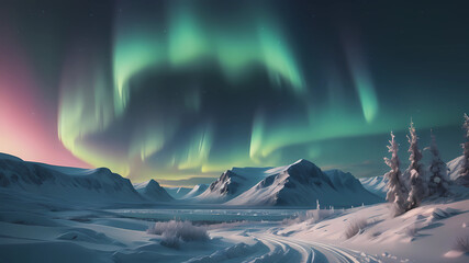 snowy landscape, arctic, impression of grandeur, Aurora Borealis, breathtaking. photrealism, ultra realism 8k effect