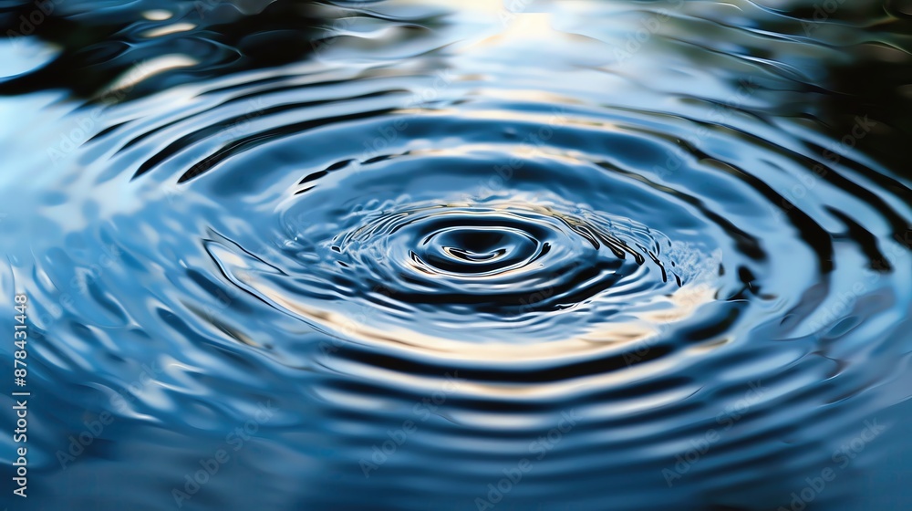 Poster close-up of water ripples creating concentric circles, reflecting light and creating a calming effec