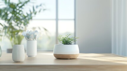 White ceramic planter with wooden base on a table with greenery and sunlight