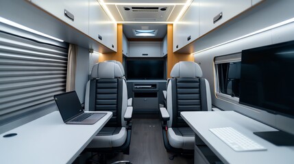 Obraz premium Modern mobile office interior with two desks, laptops and comfortable seating.