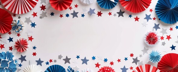 Fototapeta premium Colorful red, white, and blue stars and paper decorations frame on white background